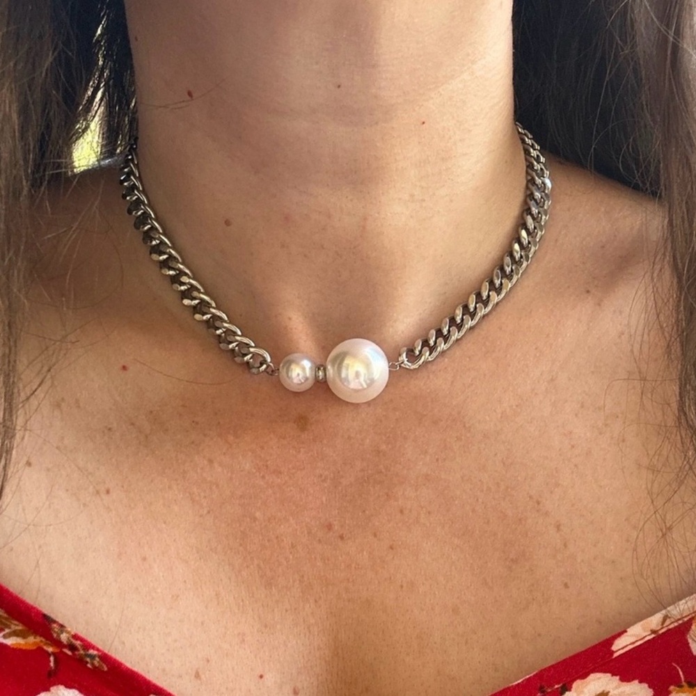 Silver Pearl Statement Chain Necklace Cuban Link - Picture 4 of 6